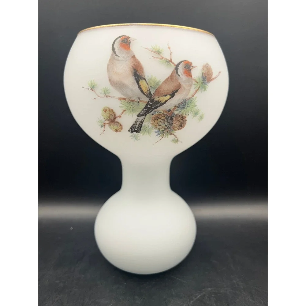 Vtg Opaline Satin Norleans Frosted Glass Vase Gold Trim Bird Pine Painted 7x4.5